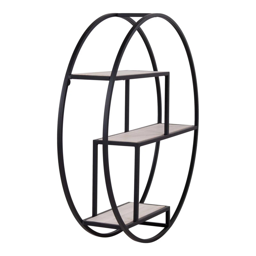Étagère murale ronde en métal noir et pierre grise, 3 étages, Ø62 cm