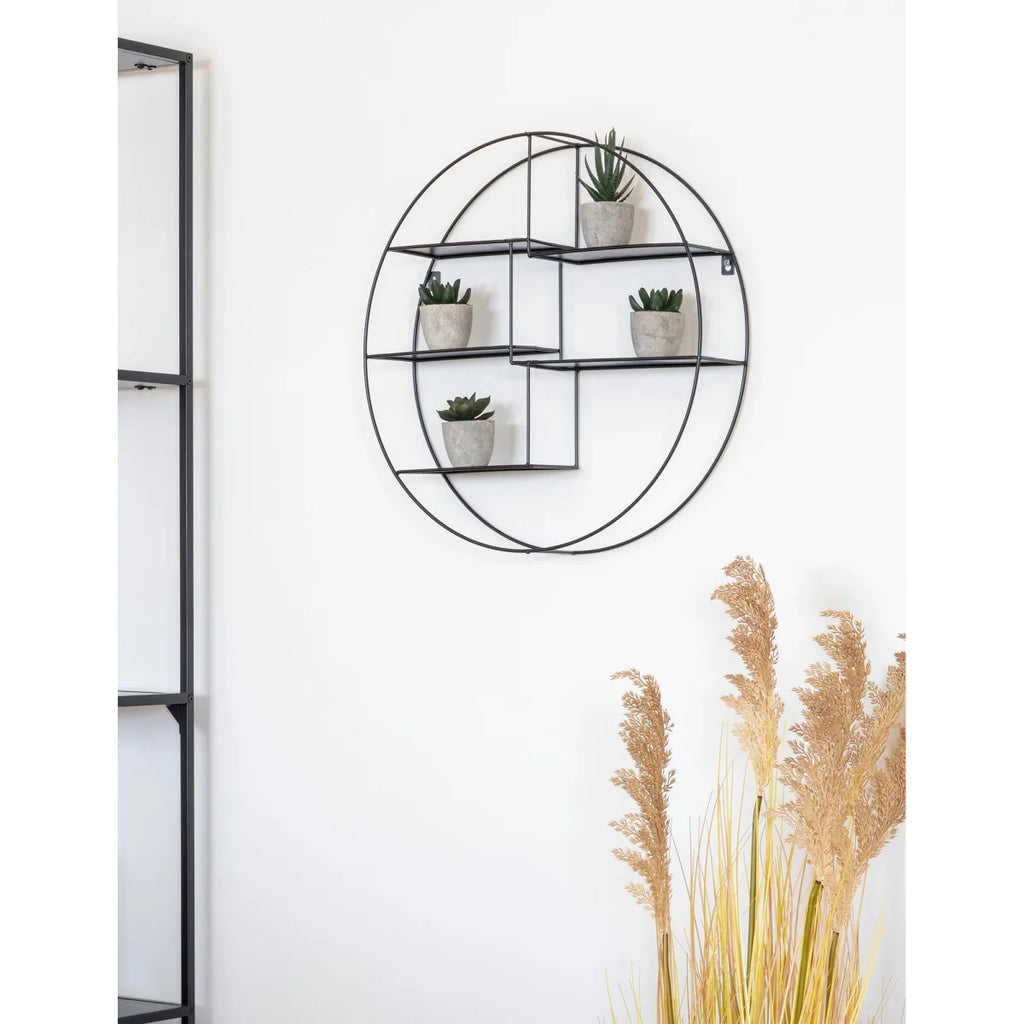 Étagère murale ronde en métal noir Ø47 cm avec pots de succulentes