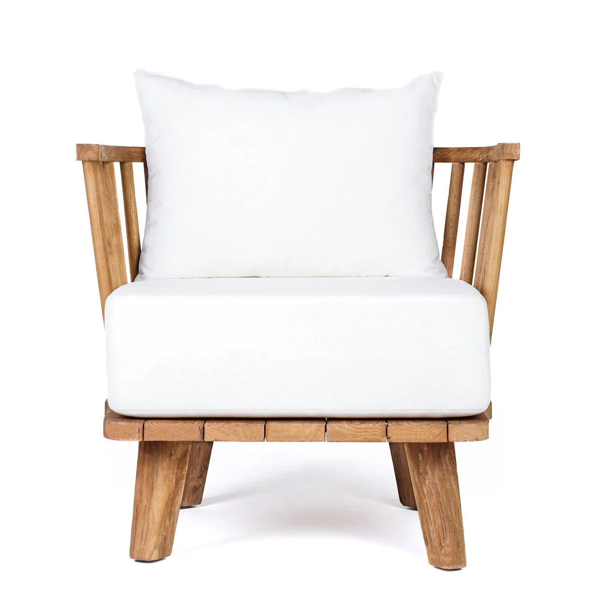 Fauteuil en teck recyclé avec coussins blancs pour salon ou terrasse 70x70 cm