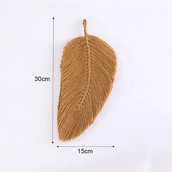 Dimensions de la feuille murale en macramé marron, 30 cm de long et 15 cm de large