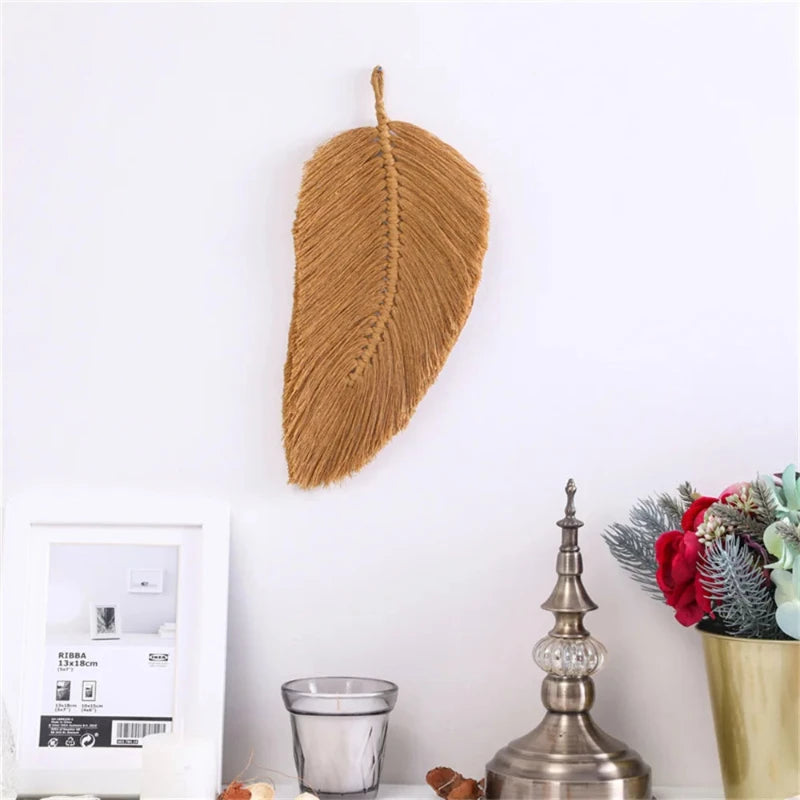 Feuille murale en macramé marron, accrochée au mur, décoration bohème chic