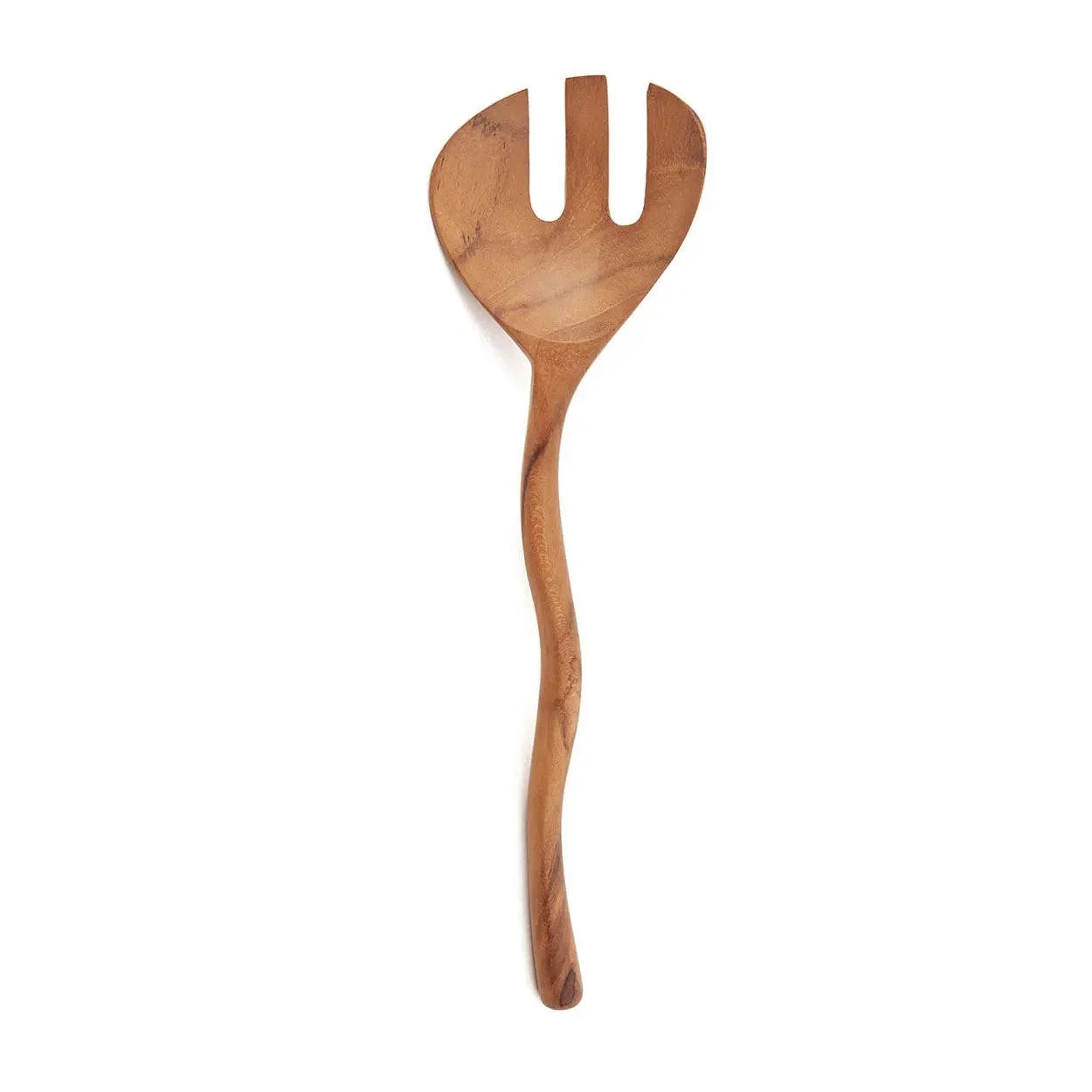Fourchette à salade en teck sculpté avec manche ondulé naturel et trois tines