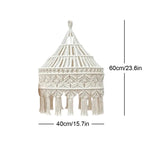 Image du grand abat-jour en macramé avec ses dimensions : 40 cm de diamètre et 60 cm de hauteur, parfait pour une ambiance bohème.