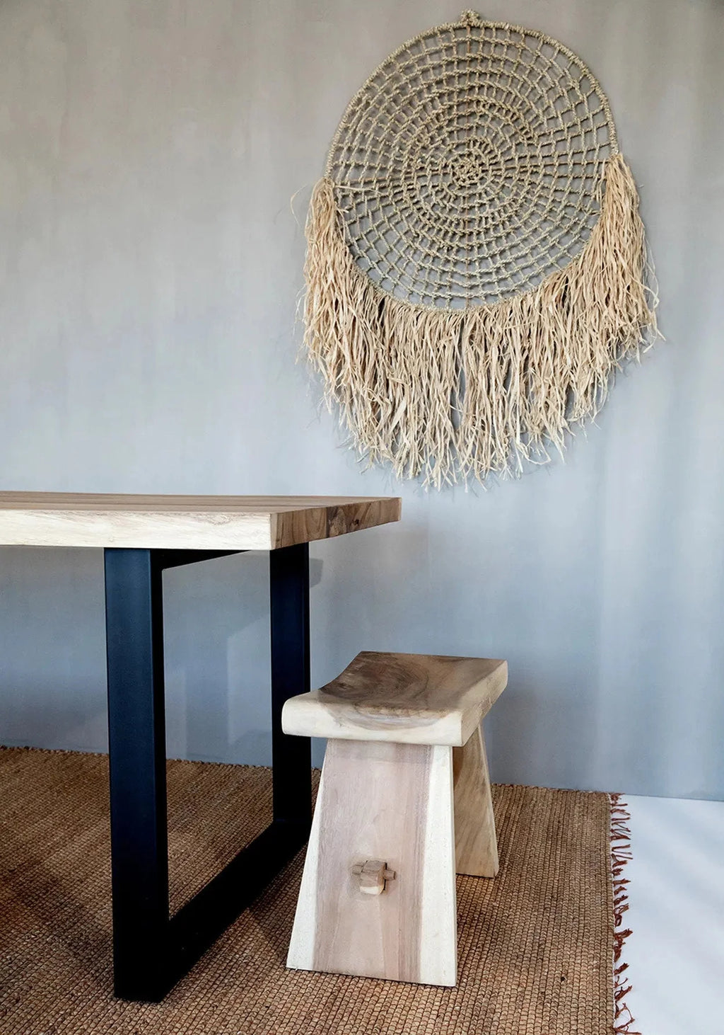 Murale ronde en raphia et joncs de mer naturel avec franges pour décoration intérieure