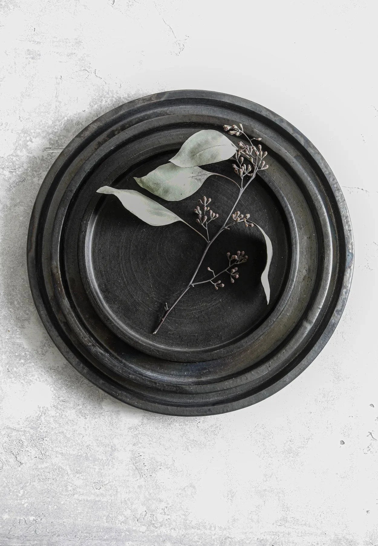 Plateaux décoratifs noirs en terre cuite brûlée avec feuilles et petits bourgeons