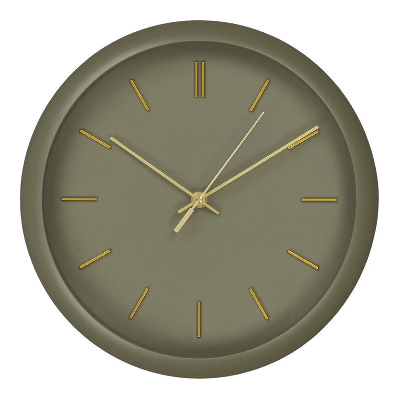 Horloge murale ronde en métal vert kaki avec aiguilles dorées – Ø30 cm
