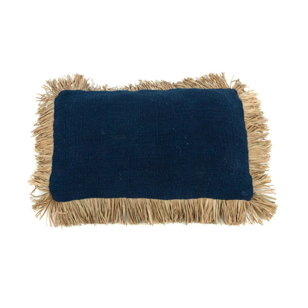 Coussin rectangulaire en coton bleu naturel avec frange en raphia, 30x50 cm