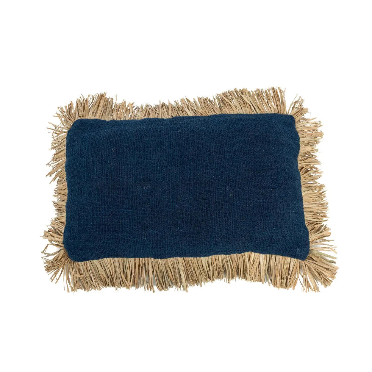 Coussin rectangulaire bleu naturel en coton avec franges en raphia