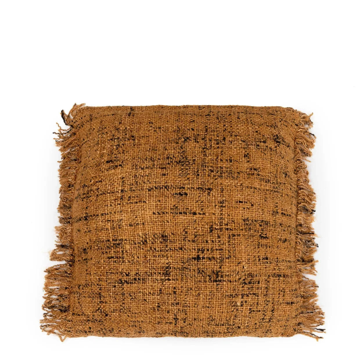 Housse de coussin carrée en coton tissé marron avec franges et texture rugueuse