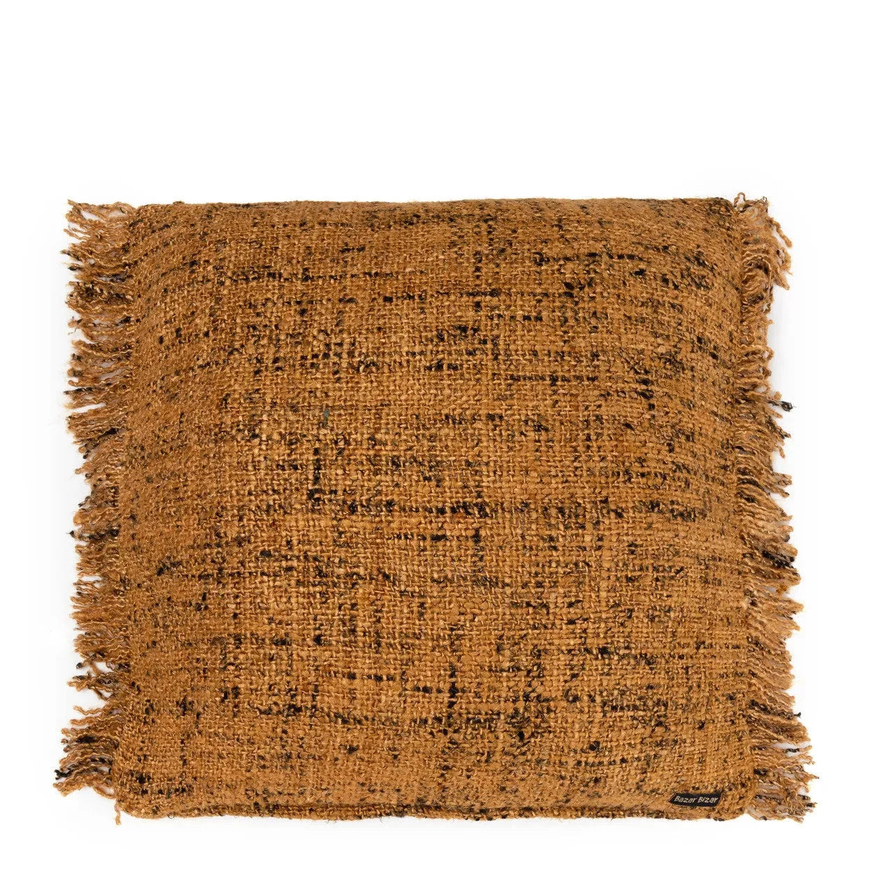 Coussin carré en coton tissé marron avec motif noir et franges, 60x60 cm