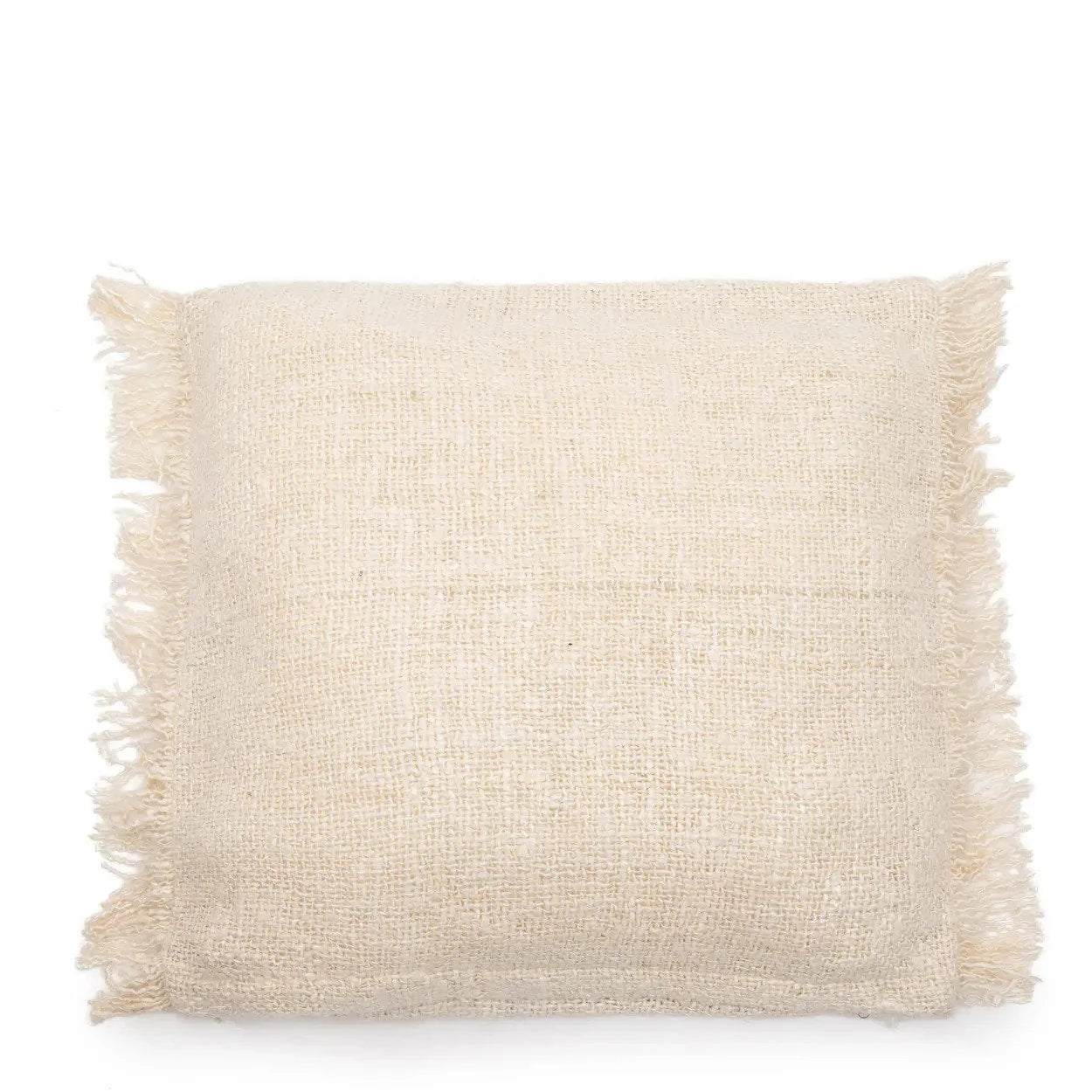 Coussin carré crème en coton texturé avec bords frangés, 60x60 cm