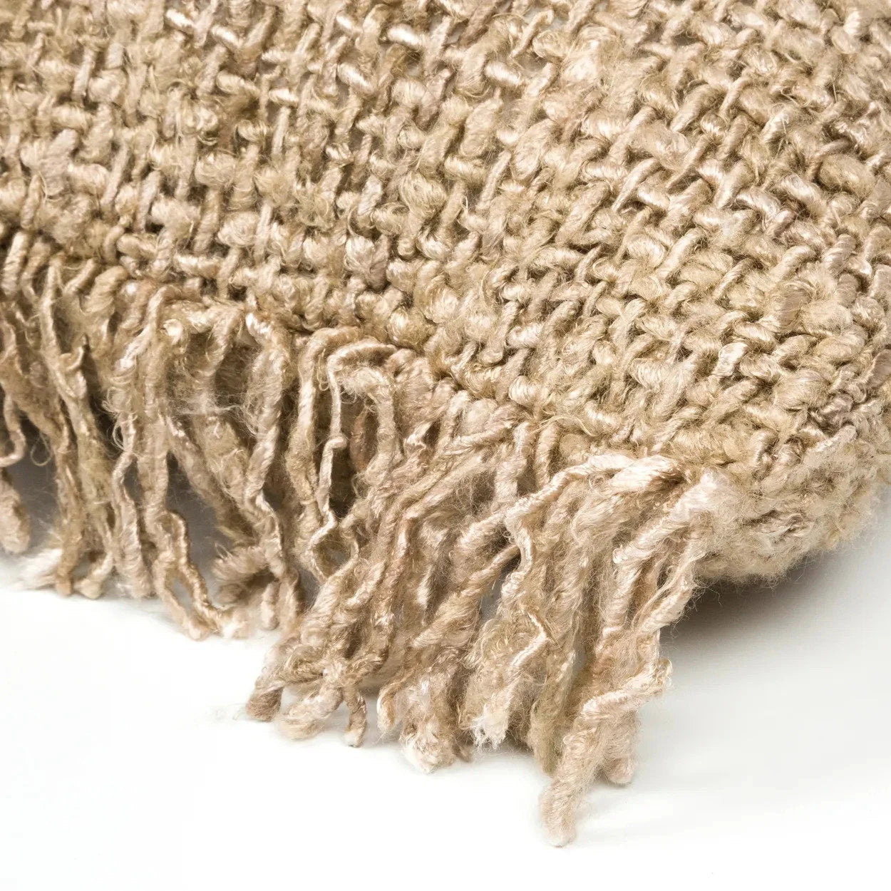 Housse de coussin coton beige avec franges, tissu tissé et frangé, 60x60 cm