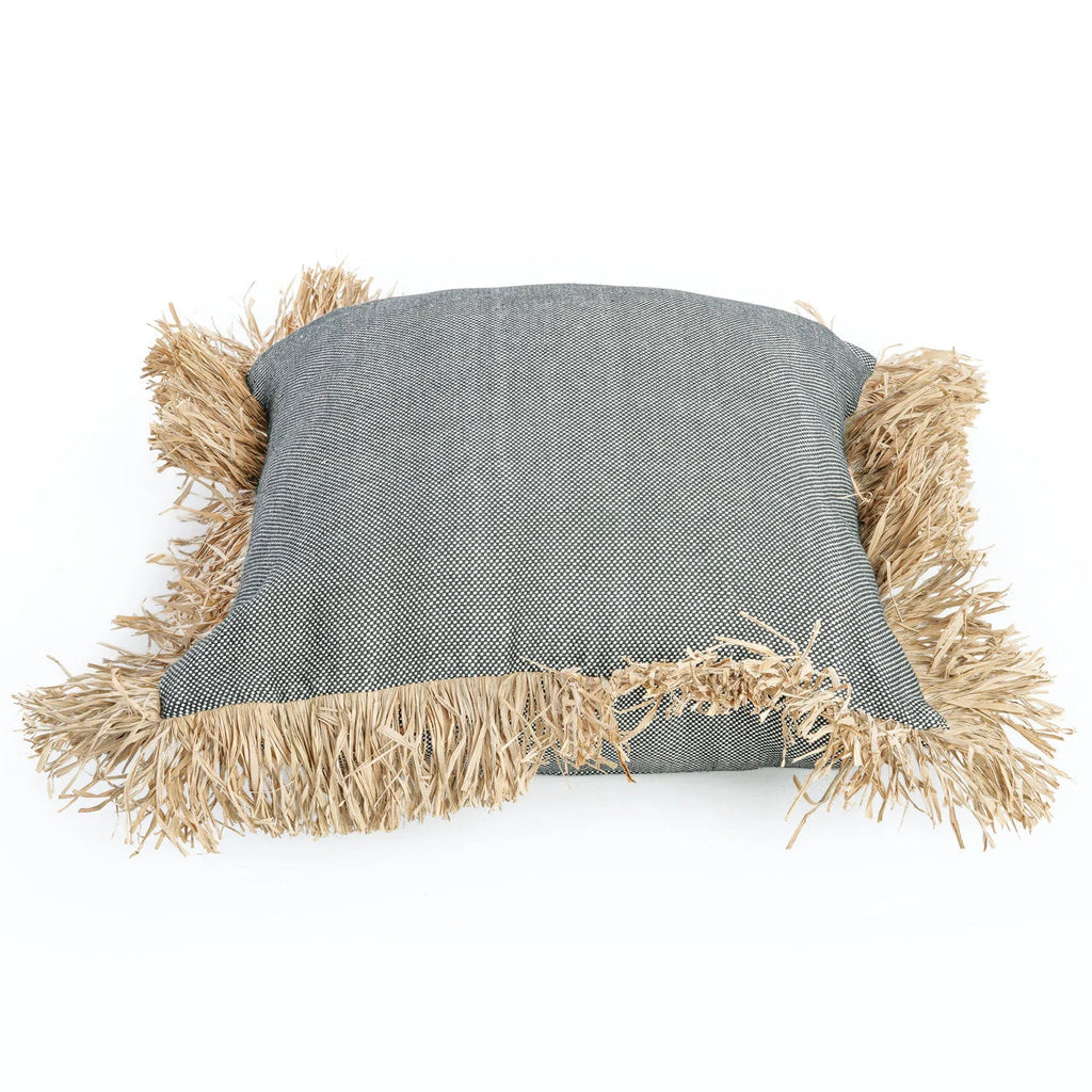 Housse de coussin coton et raphia à franges noir naturel - 60x60 cm