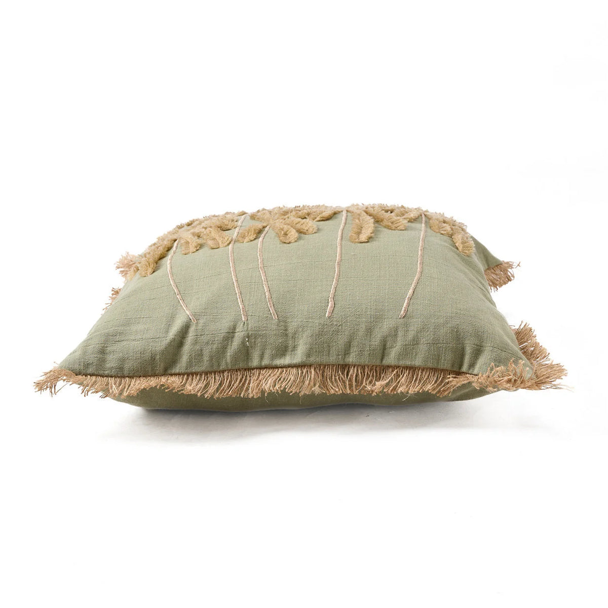 Housse de coussin coton vert olive avec palmiers brodés et franges beige