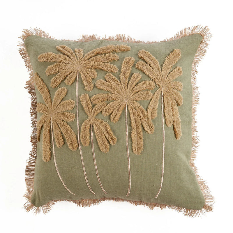 Housse de coussin coton vert olive palmiers brodés franges déco salon