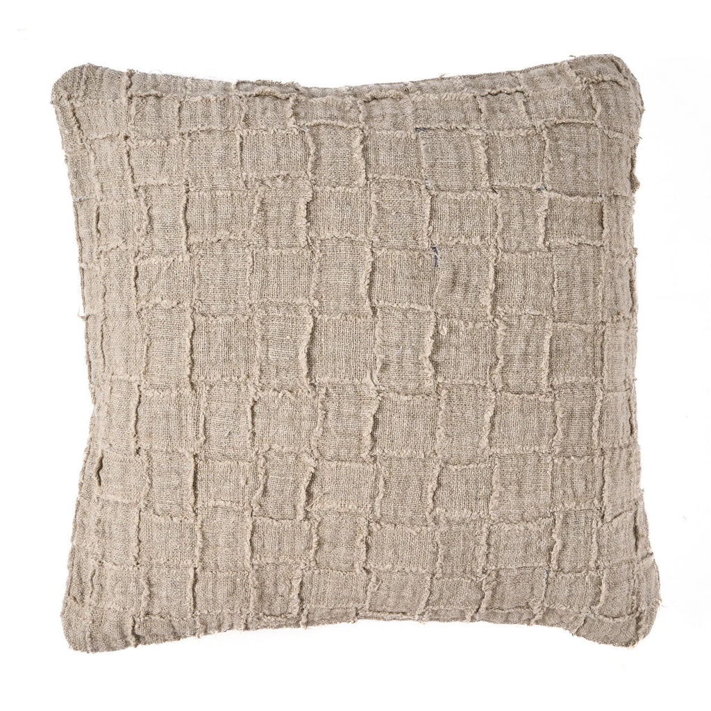 Housse de coussin lin beige carreaux relief texturés franges