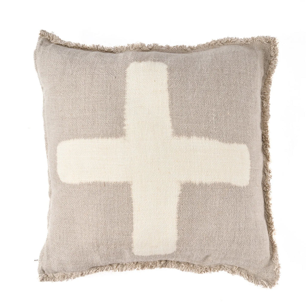 Housse de coussin en lin beige à motif croix et franges 50x50 cm