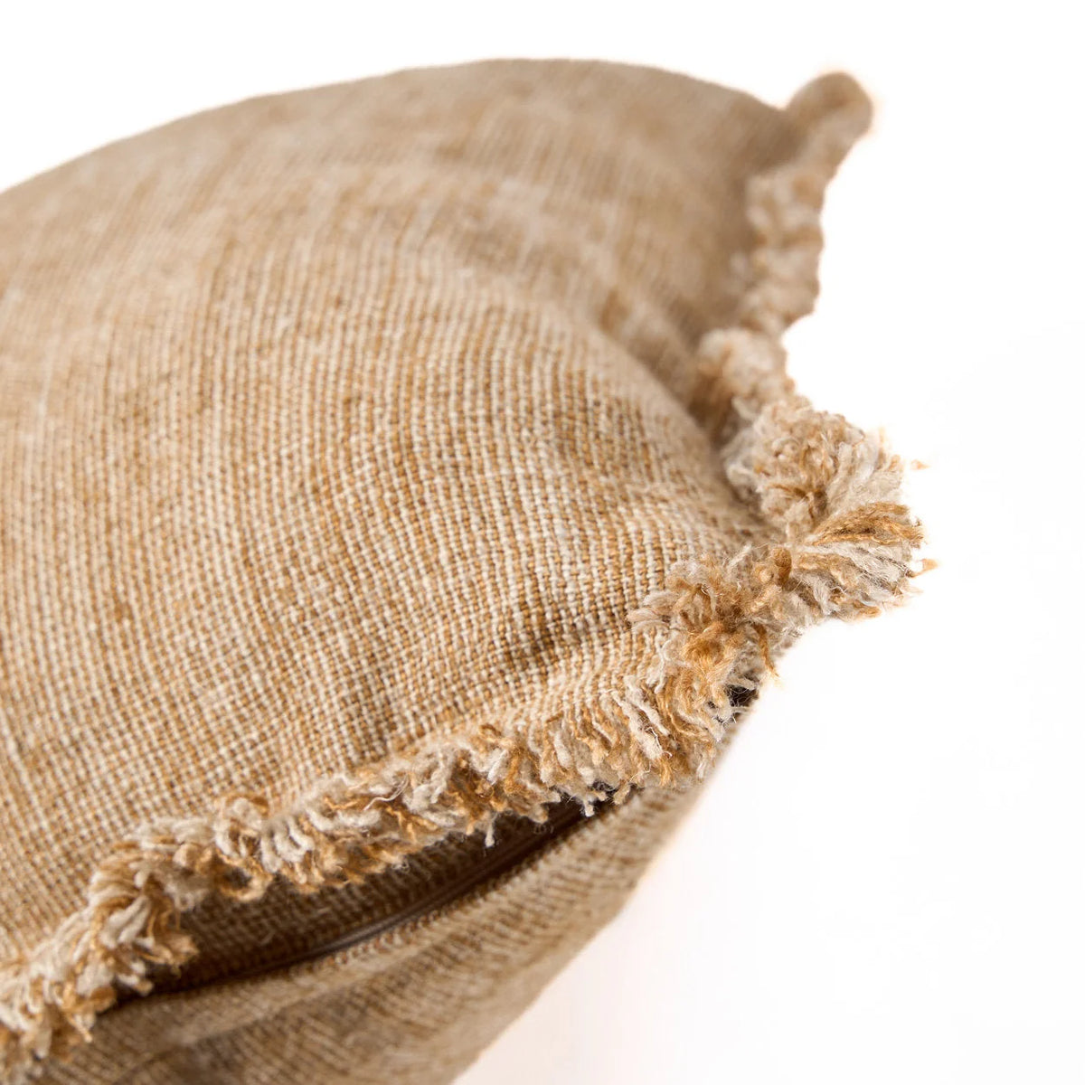 Housse de coussin lin frangé beige camel texturé 50x50 cm