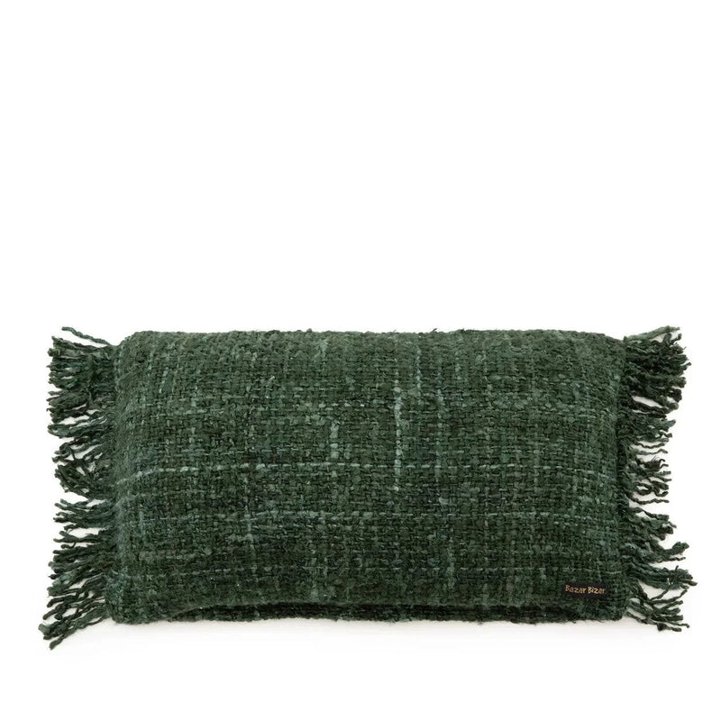 Housse de coussin rectangulaire en coton texturé vert foncé avec franges