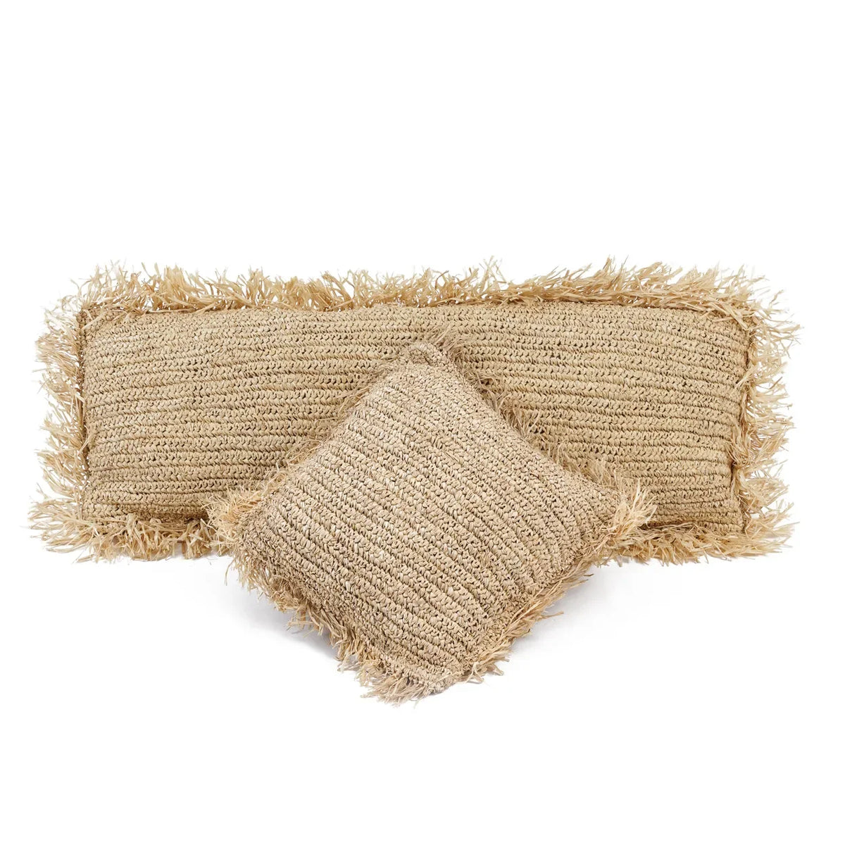 Deux coussins en raphia naturel avec franges, rectangulaires, 35x100 cm