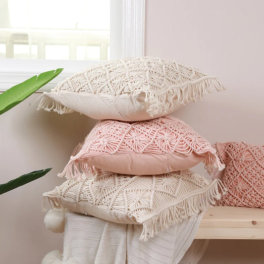 Housse de coussin macramé empilé