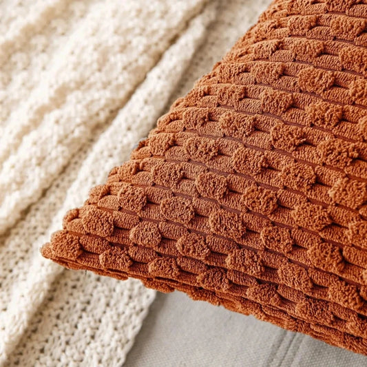 Zoom sur la housse de coussin terracotta