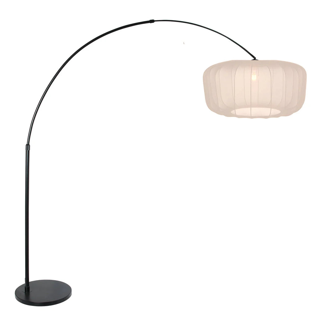 Lampadaire à arc noir avec abat-jour en tissu plissé blanc cassé H180 cm