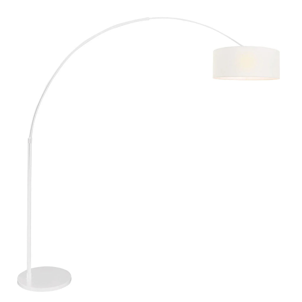 Lampadaire arc blanc en métal avec abat-jour en tissu tambour, hauteur 240 cm