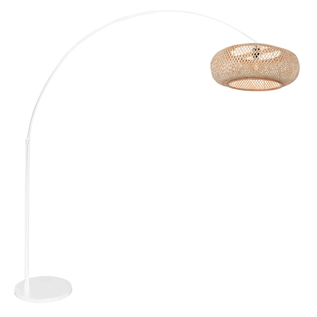 Lampadaire arc moderne blanc et paille en fibres naturelles ajourées, H180 cm