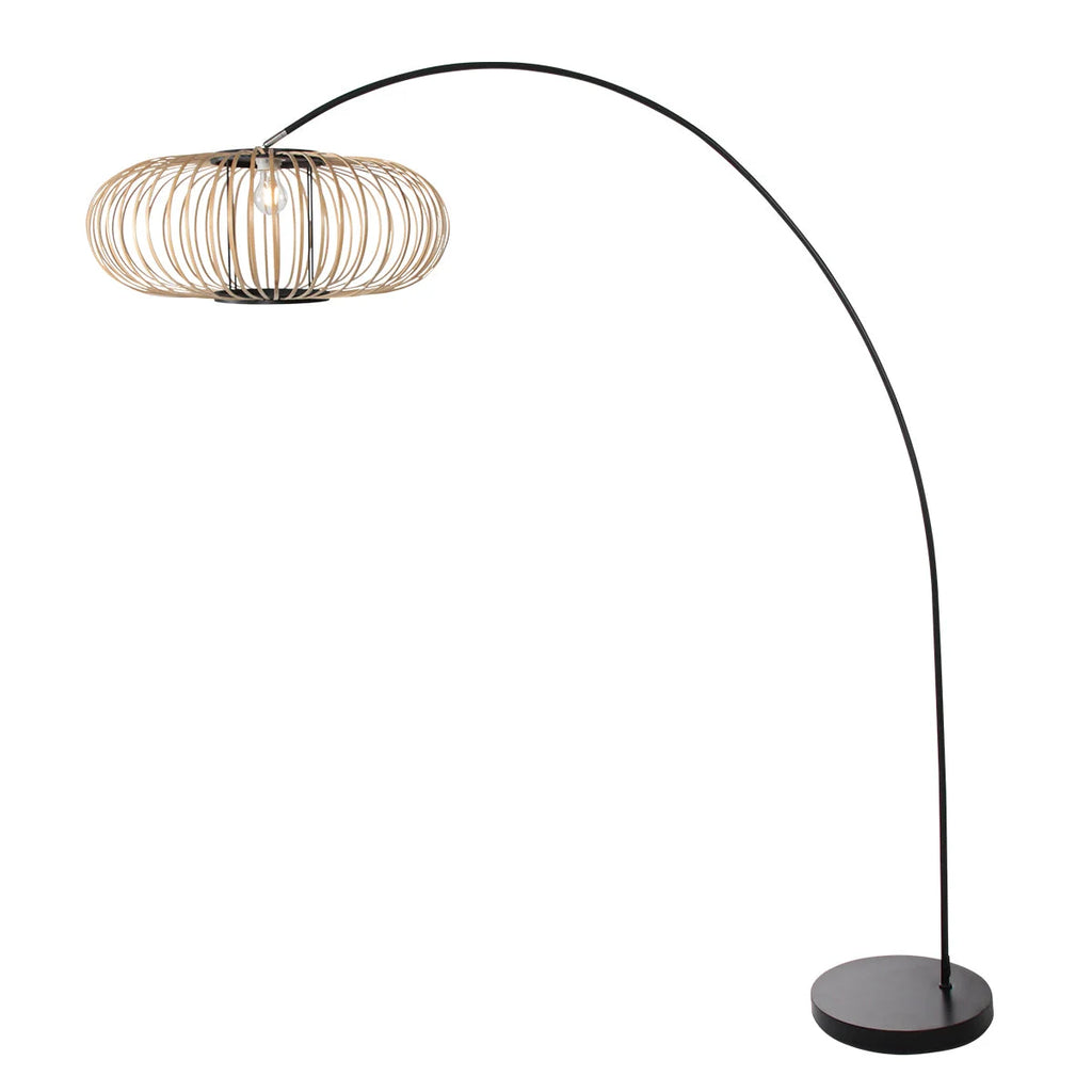 Lampe arceau noire avec abat-jour ovale en fil métallique doré effet rotin