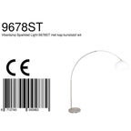 Lampadaire arc en métal brossé avec abat-jour blanc sphérique, hauteur 240 cm