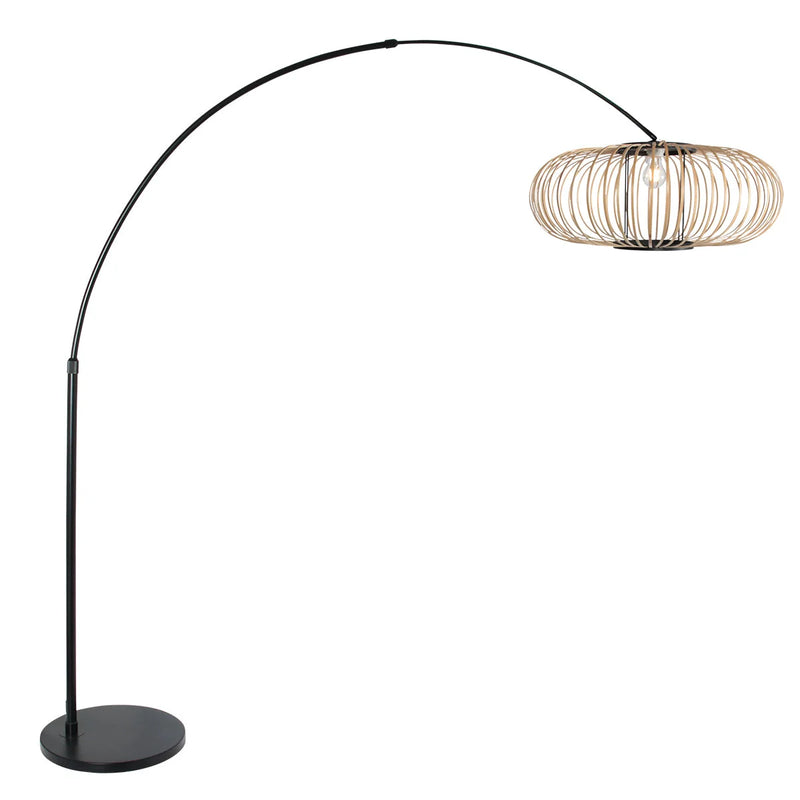 Lampadaire arc métal noir abat-jour ajouré rotin naturel – H180 cm