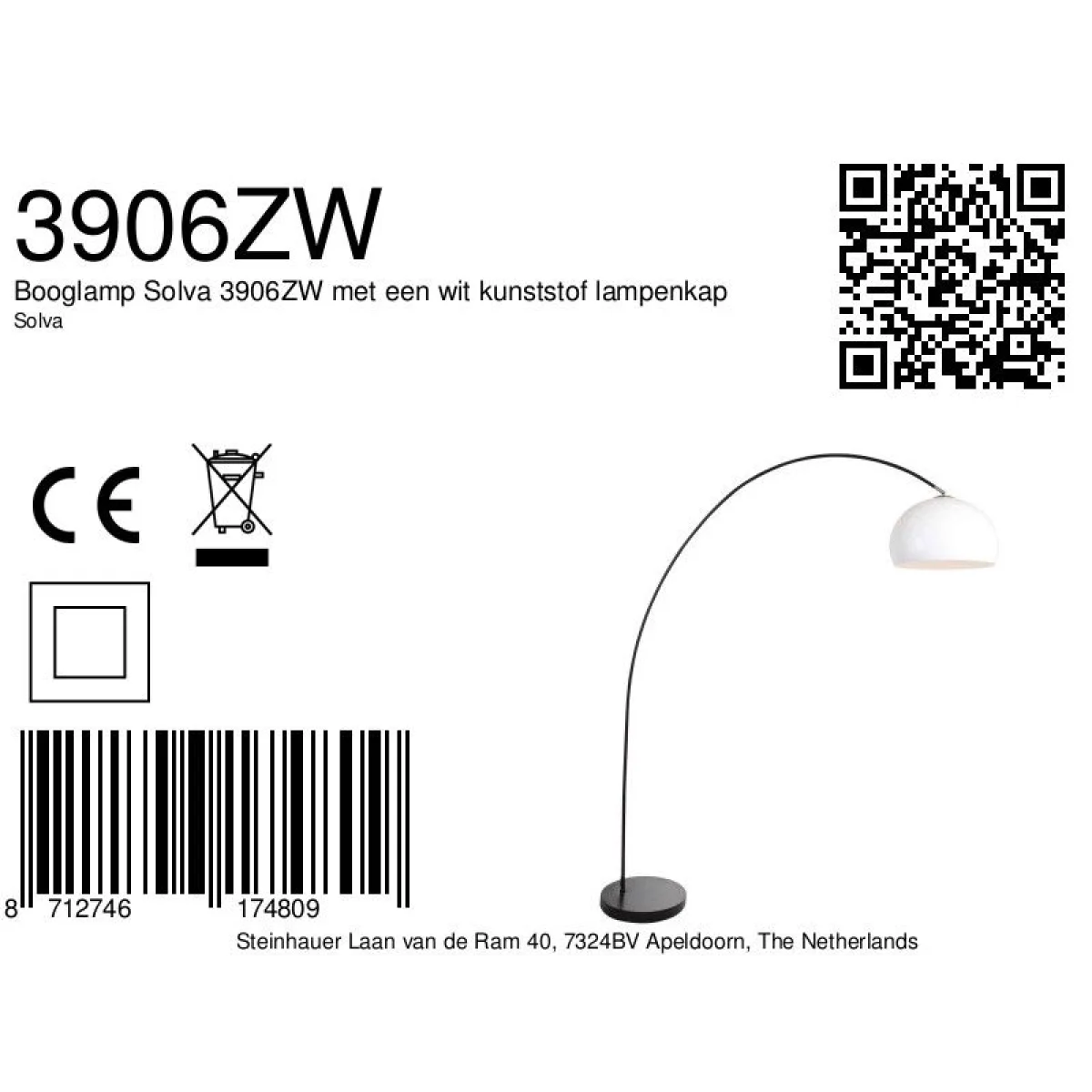 Lampadaire arc en métal noir avec abat-jour blanc en forme d hémisphère H185 cm