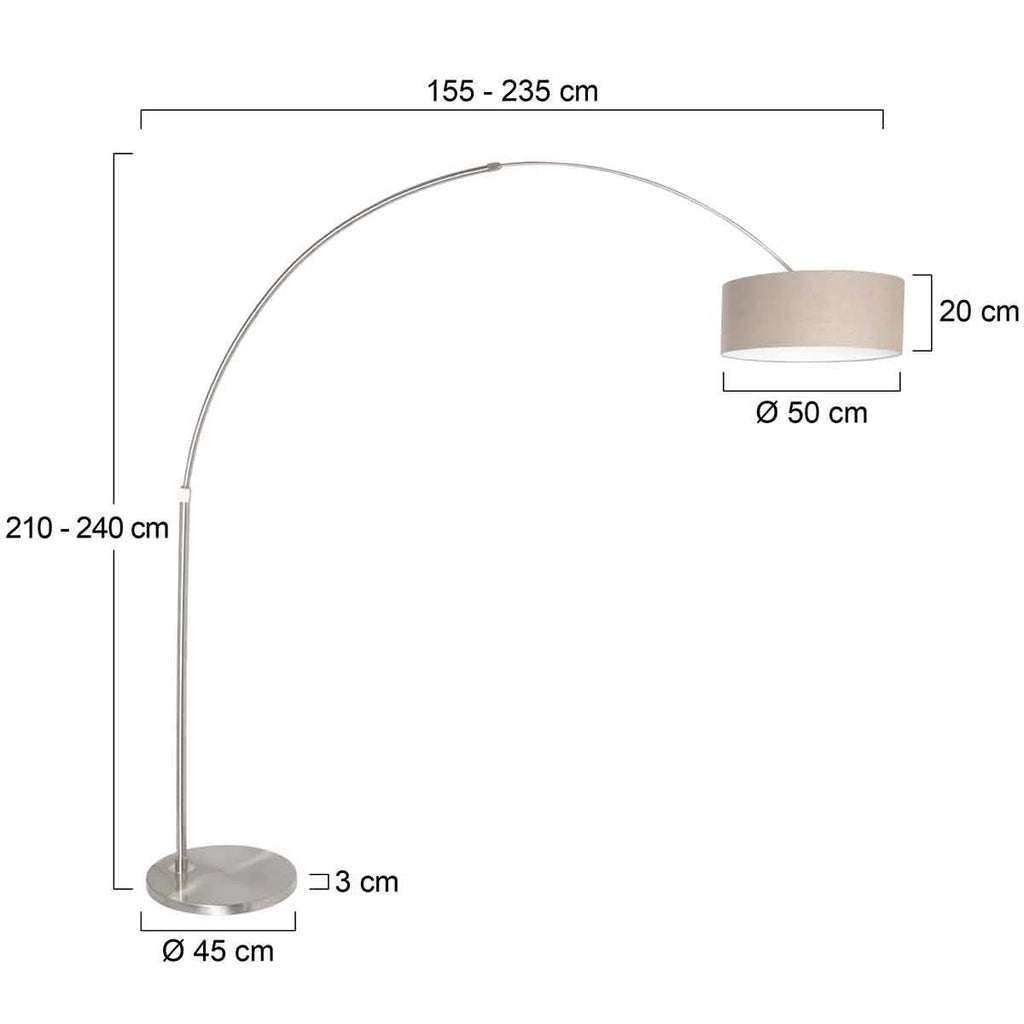 Lampadaire arc en métal noir avec abat-jour blanc rond et base stable, hauteur H240 cm