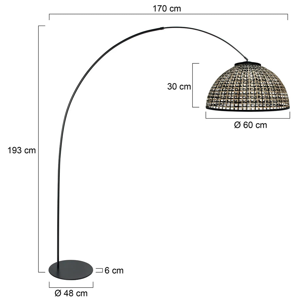 Lampe arc métal noir abat-jour rotin ajouré naturel H180 cm