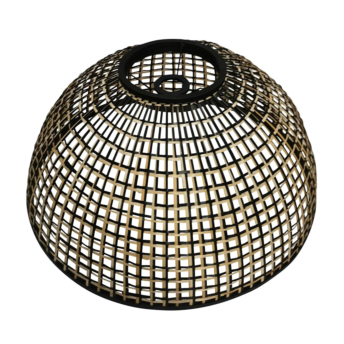 Abat-jour rotin ajouré naturel sur lampadaire arc métal noir H180 cm