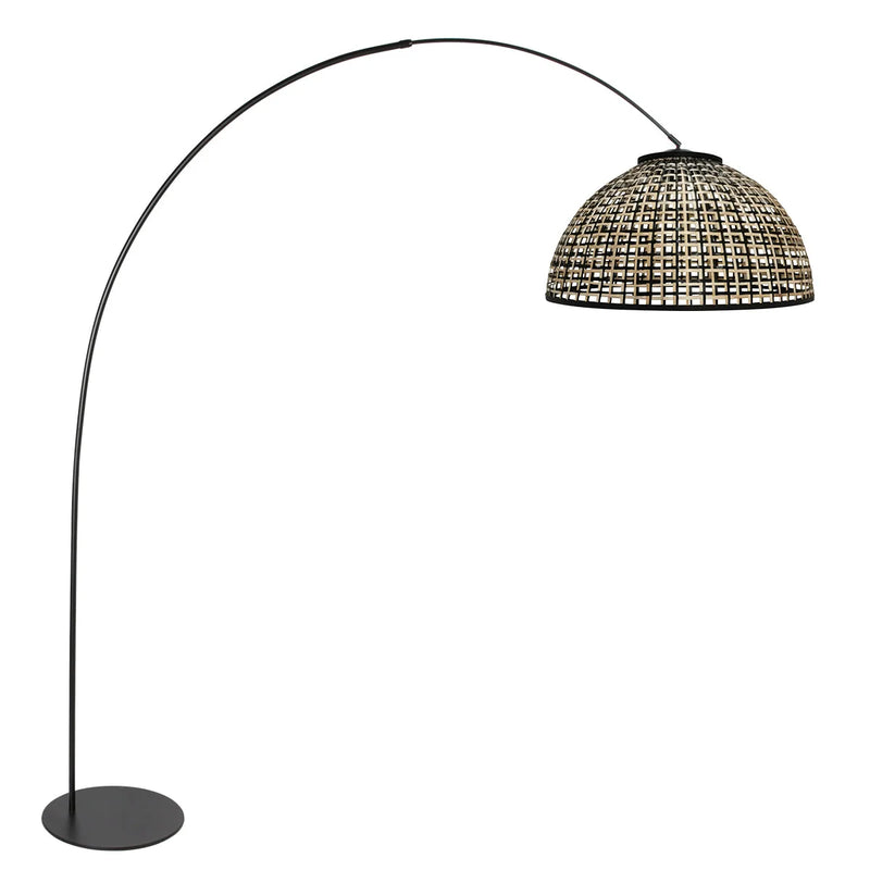 Lampadaire arc métal noir abat-jour rotin ajouré naturel – H180 cm