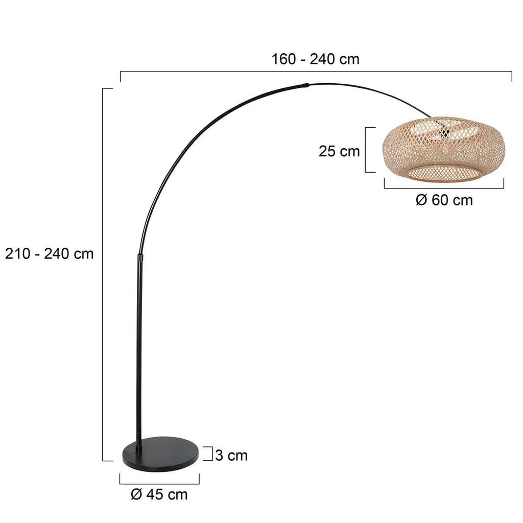 Lampadaire arc en métal noir avec abat-jour rotin ajouré naturel, H240 cm