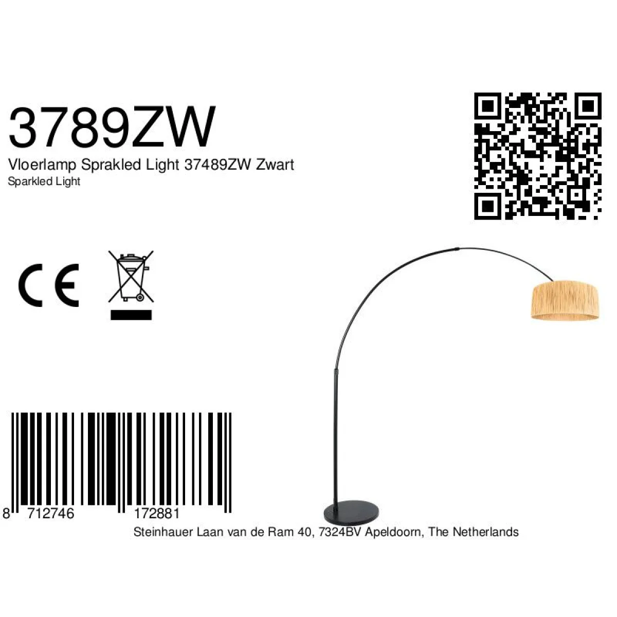 Lampadaire arc métal noir avec abat-jour tressé couleur paille, hauteur 240 cm