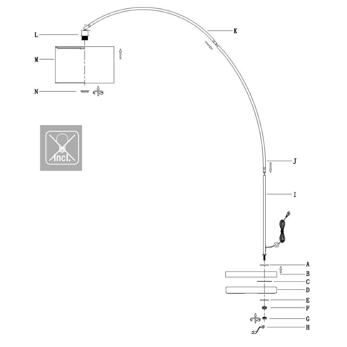 Diagram d’un lampadaire arc en métal noir avec abat-jour en verre fumé H185 cm