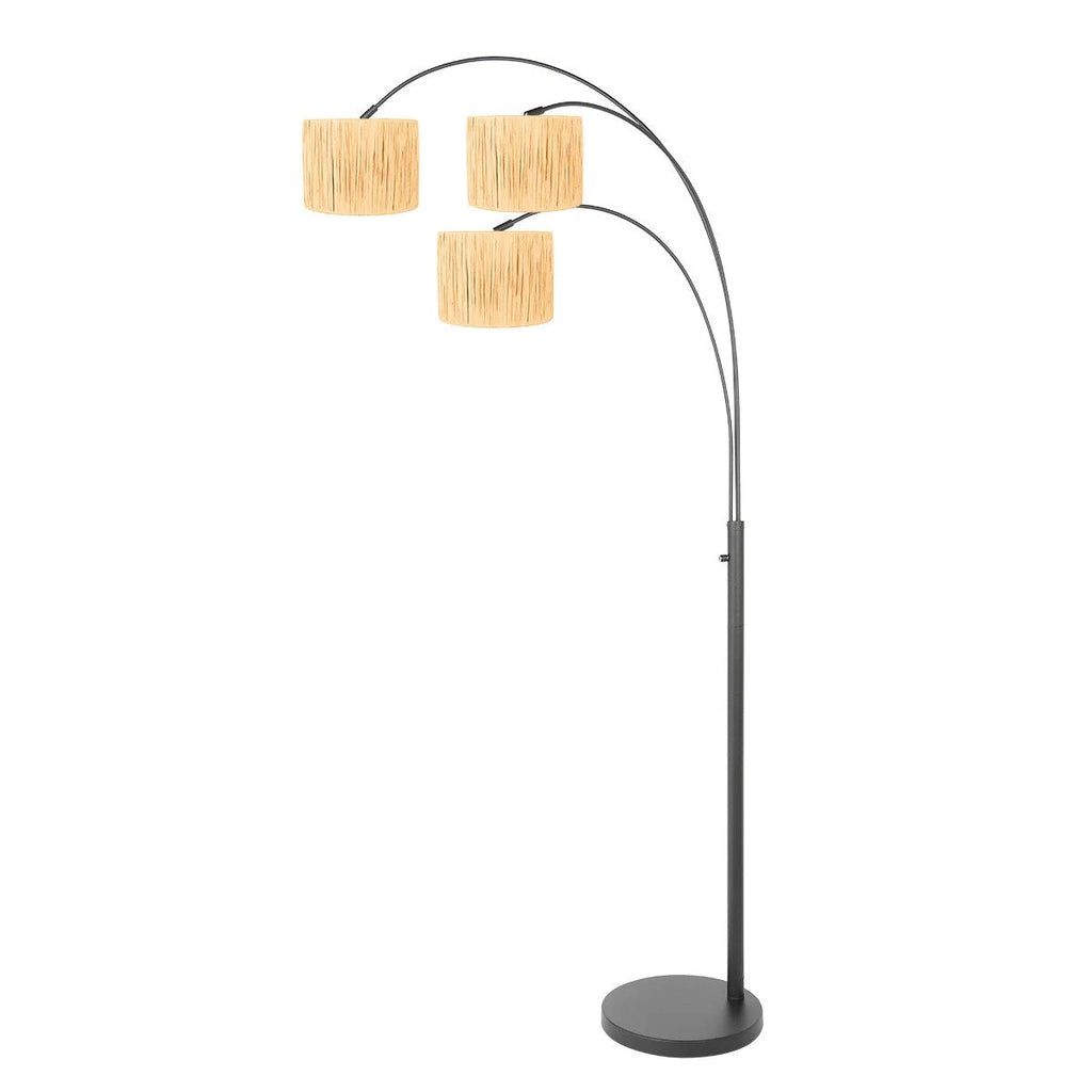 Lampadaire arqué 3 lumières en métal noir avec abat-jours en rotin pour salon moderne