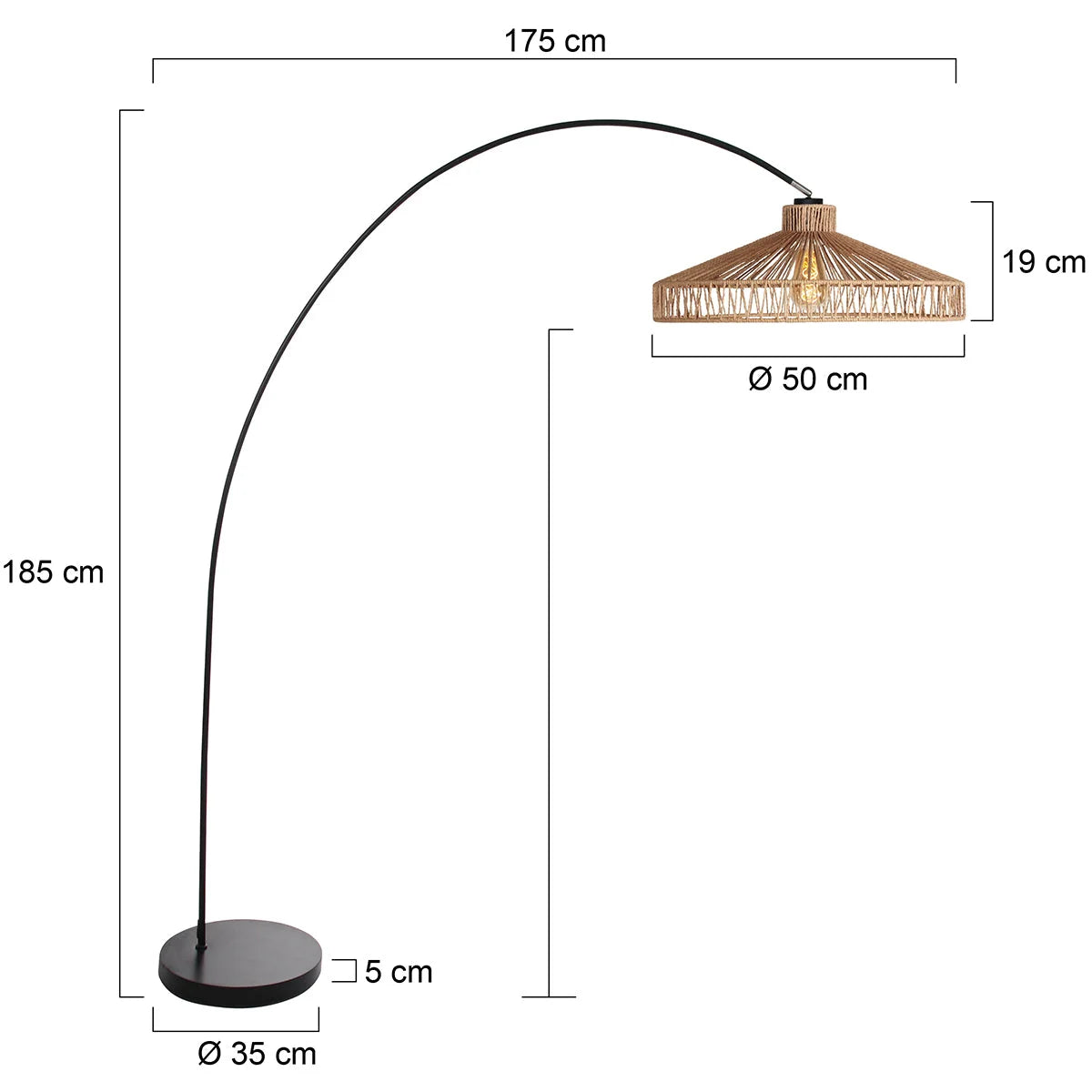 Lampe arqué en métal noir avec abat-jour en corde tressée ajourée, H185 cm