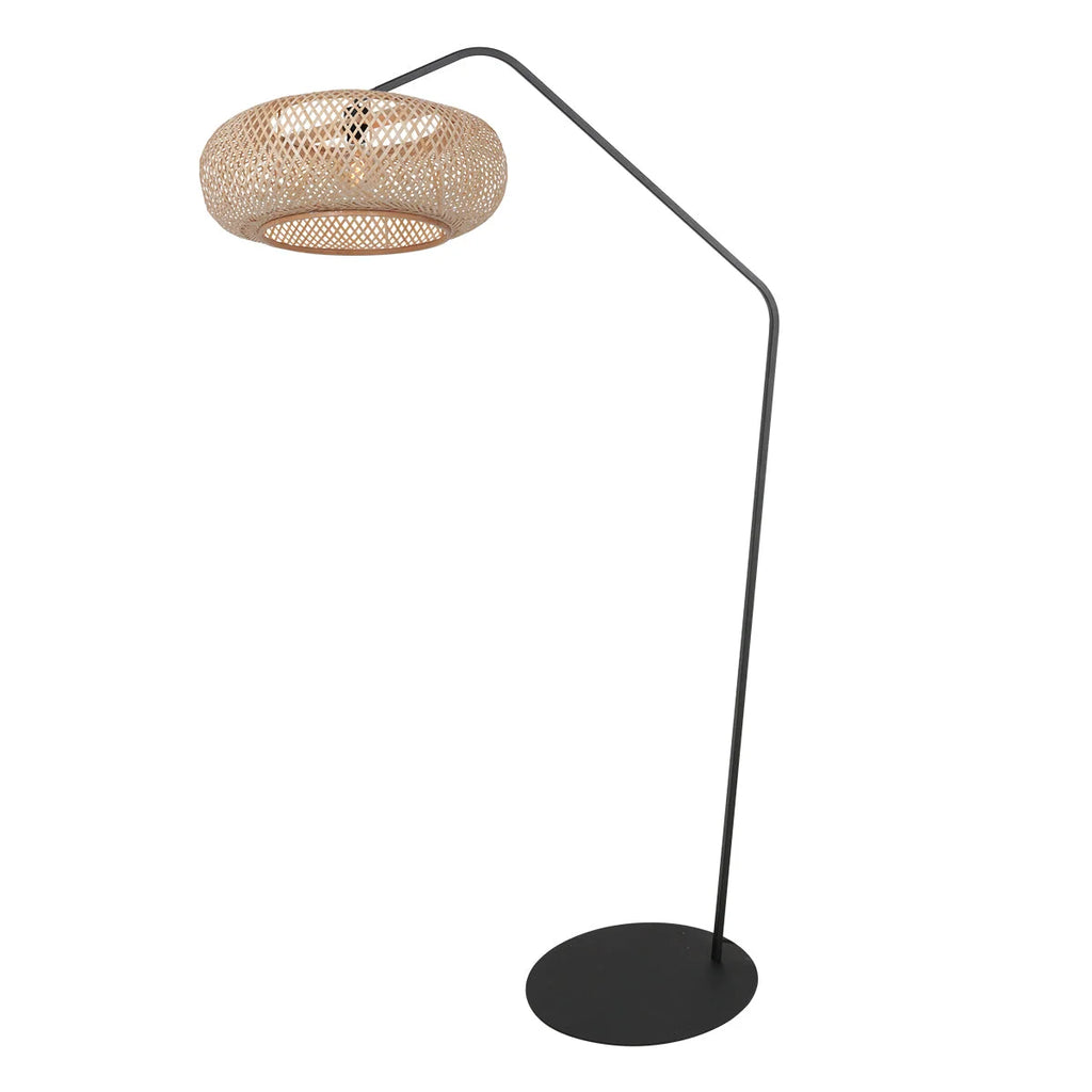 Lampadaire moderne en bambou ajouré et métal noir, abat-jour rotin ovale, H175 cm