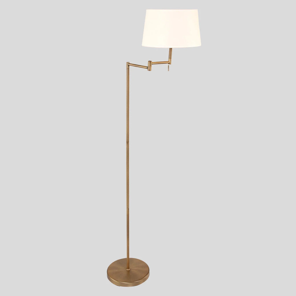 Lampadaire en laiton brossé avec abat-jour tissu blanc et bras pivotant, hauteur H154 cm