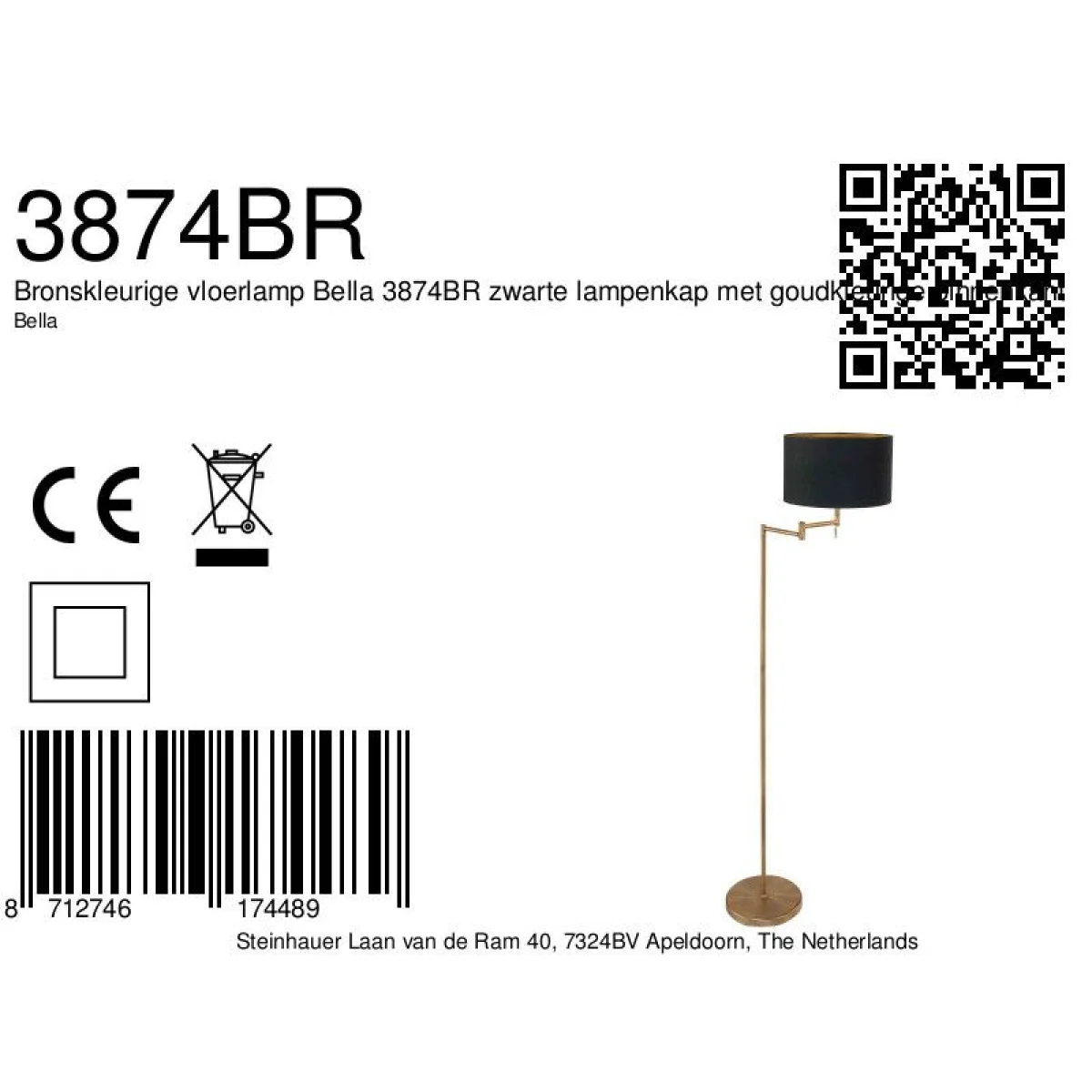 Lampadaire en métal doré avec abat-jour noir orientable, hauteur H154 cm