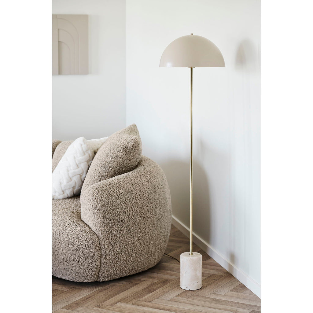 Lampe sur pied beige en dôme, tige laiton fine et base marbre blanc, H155 cm