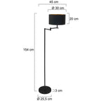 Lampadaire noir avec une base circulaire et un abat-jour cylindrique.