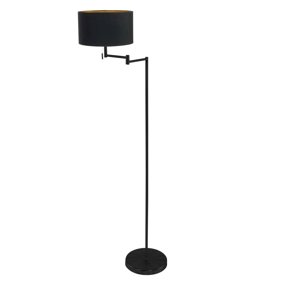 Lampadaire noir en métal avec abat-jour doré orientable, hauteur 154 cm