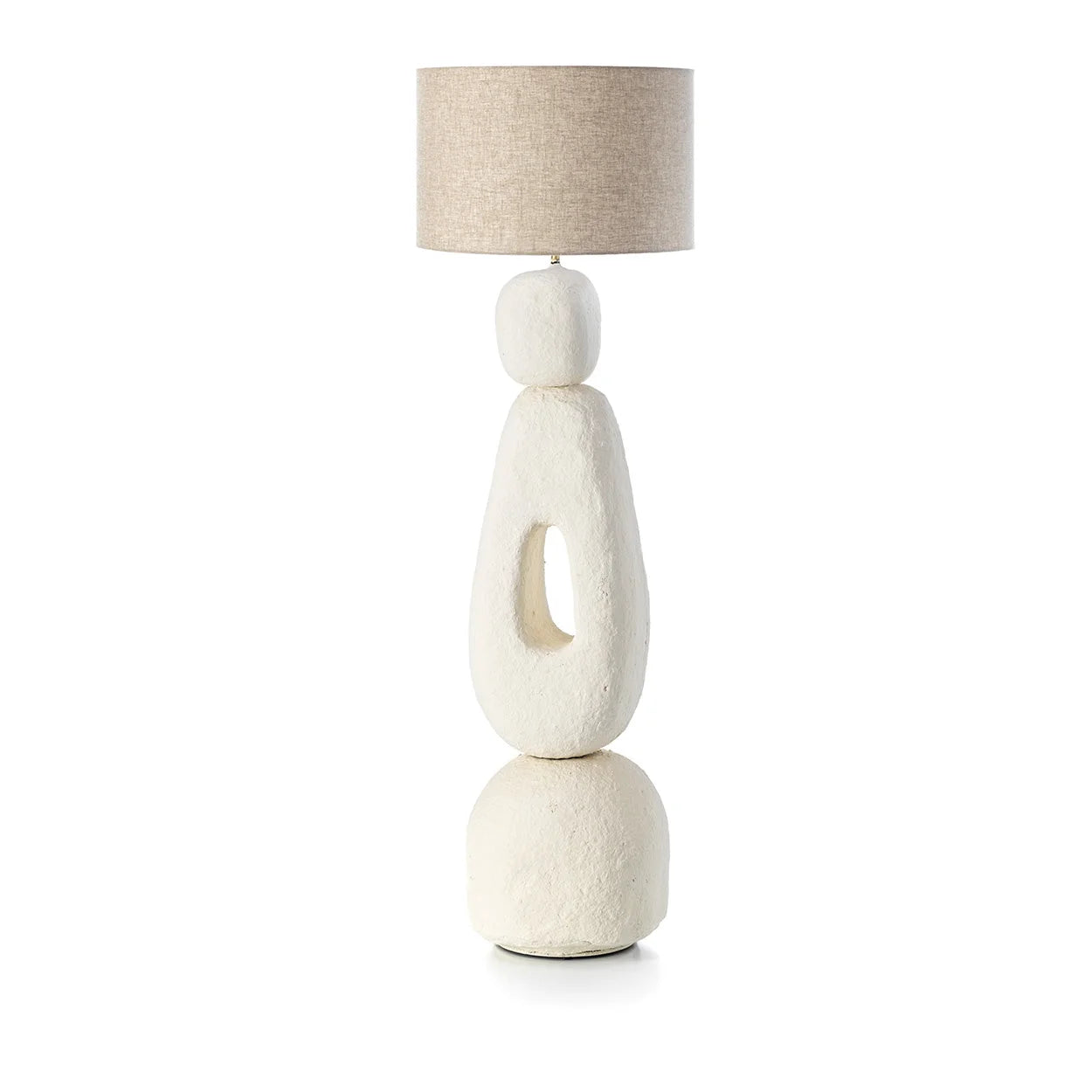 Lampadaire sculptural blanc papier mâché XL H123 cm avec abat-jour beige