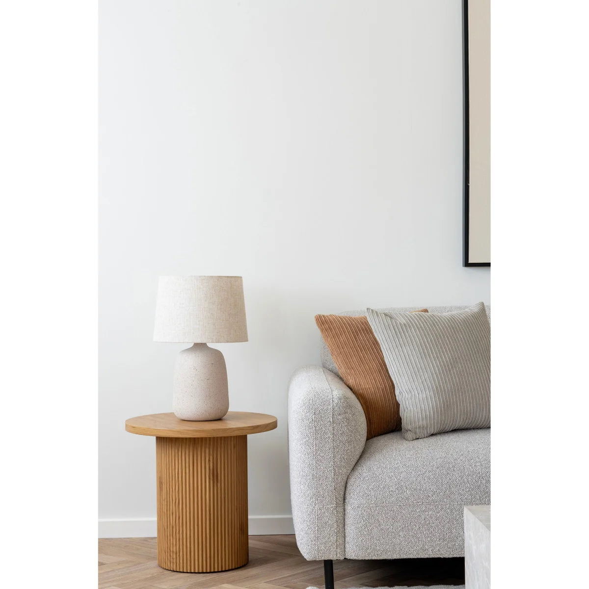Lampe à poser beige effet pierre avec abat-jour tissu, H47 cm